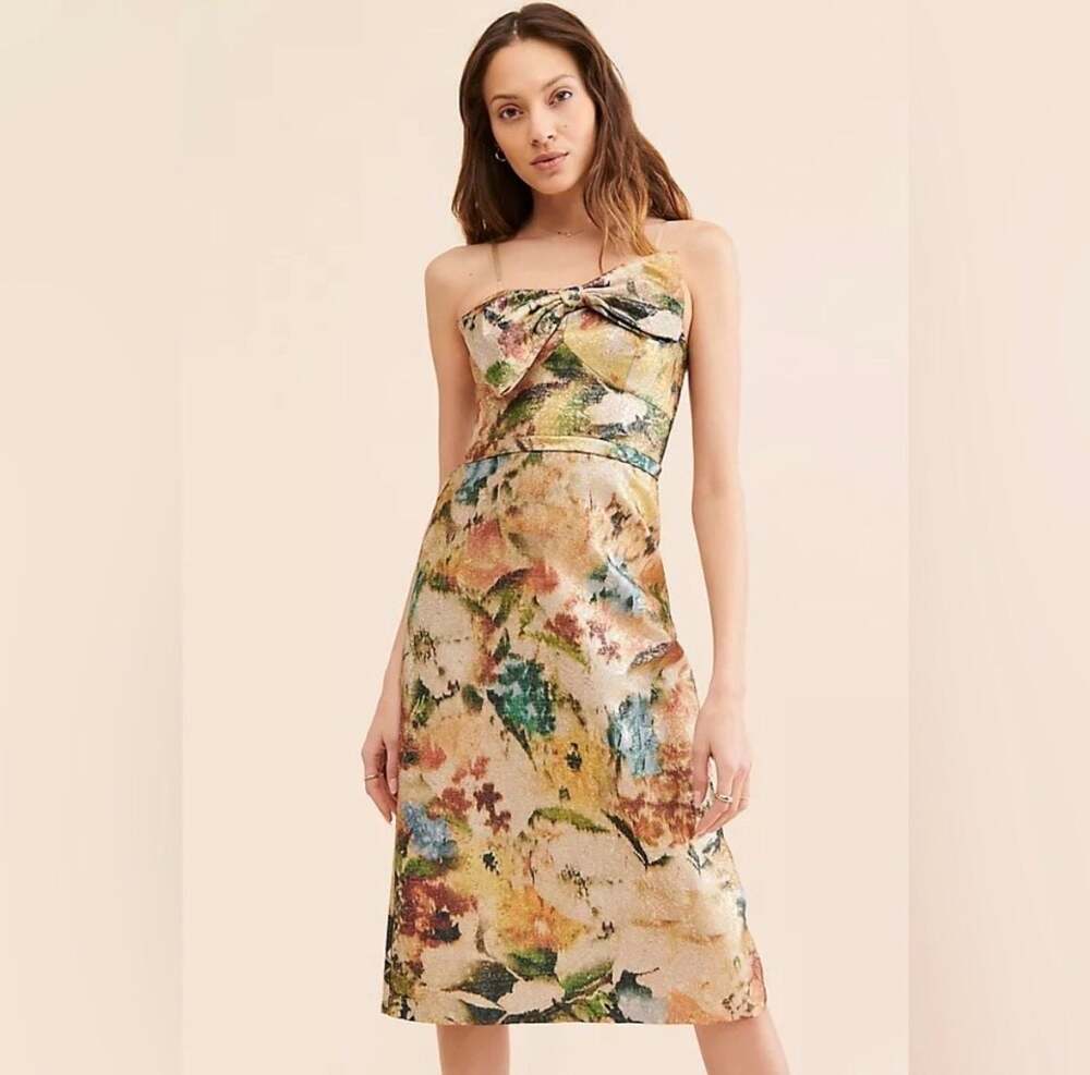 Anthropologie Ranna Gill Bow-Front Metallic Gold Floral Strapless Midi Dress